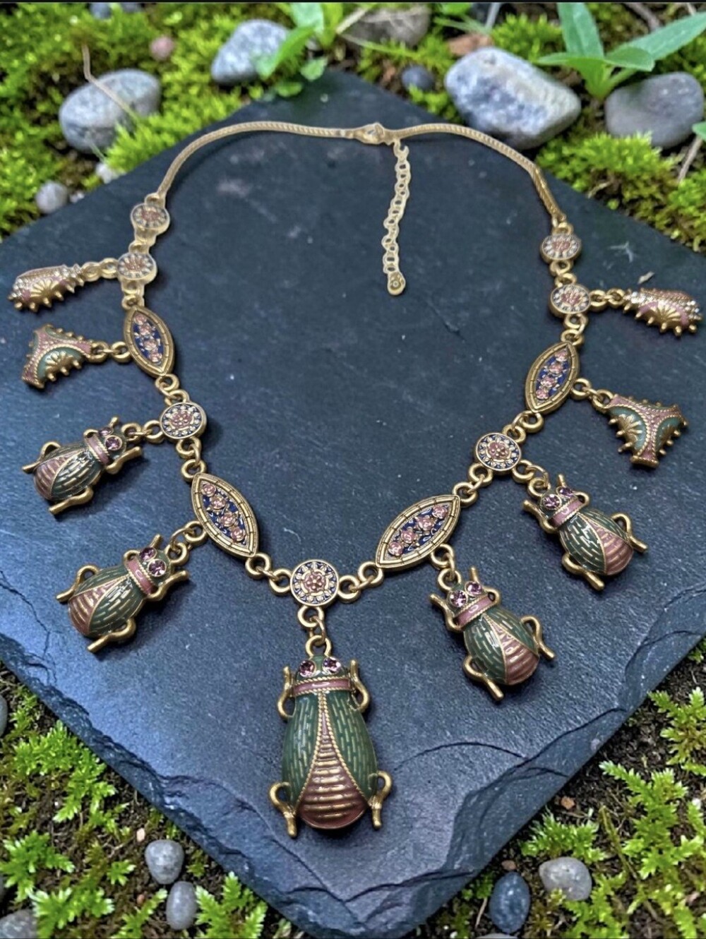 Antique Gold Egyptian Revival Scarab Ornate Whimiscal Enamel Charm Necklace